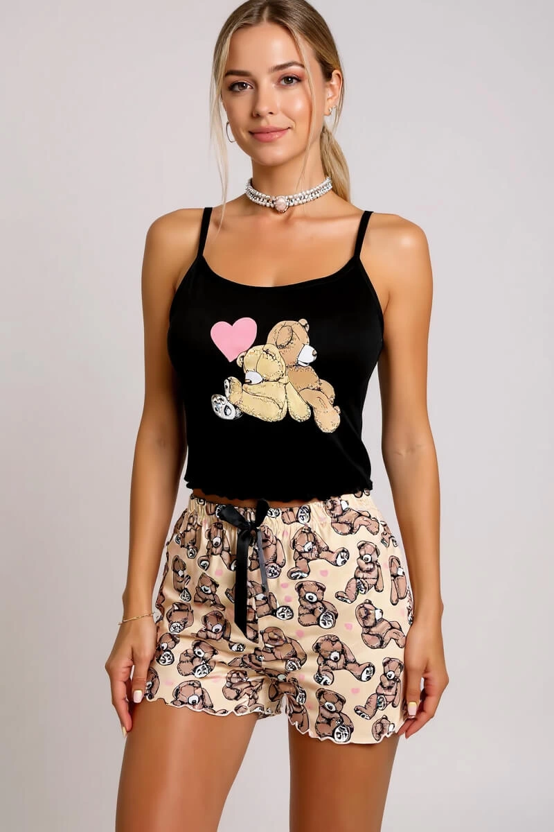 Leyna Renkli̇ Ayıcık Desenli̇ Askılı Şortlu Kadın Pi̇jama Takımı