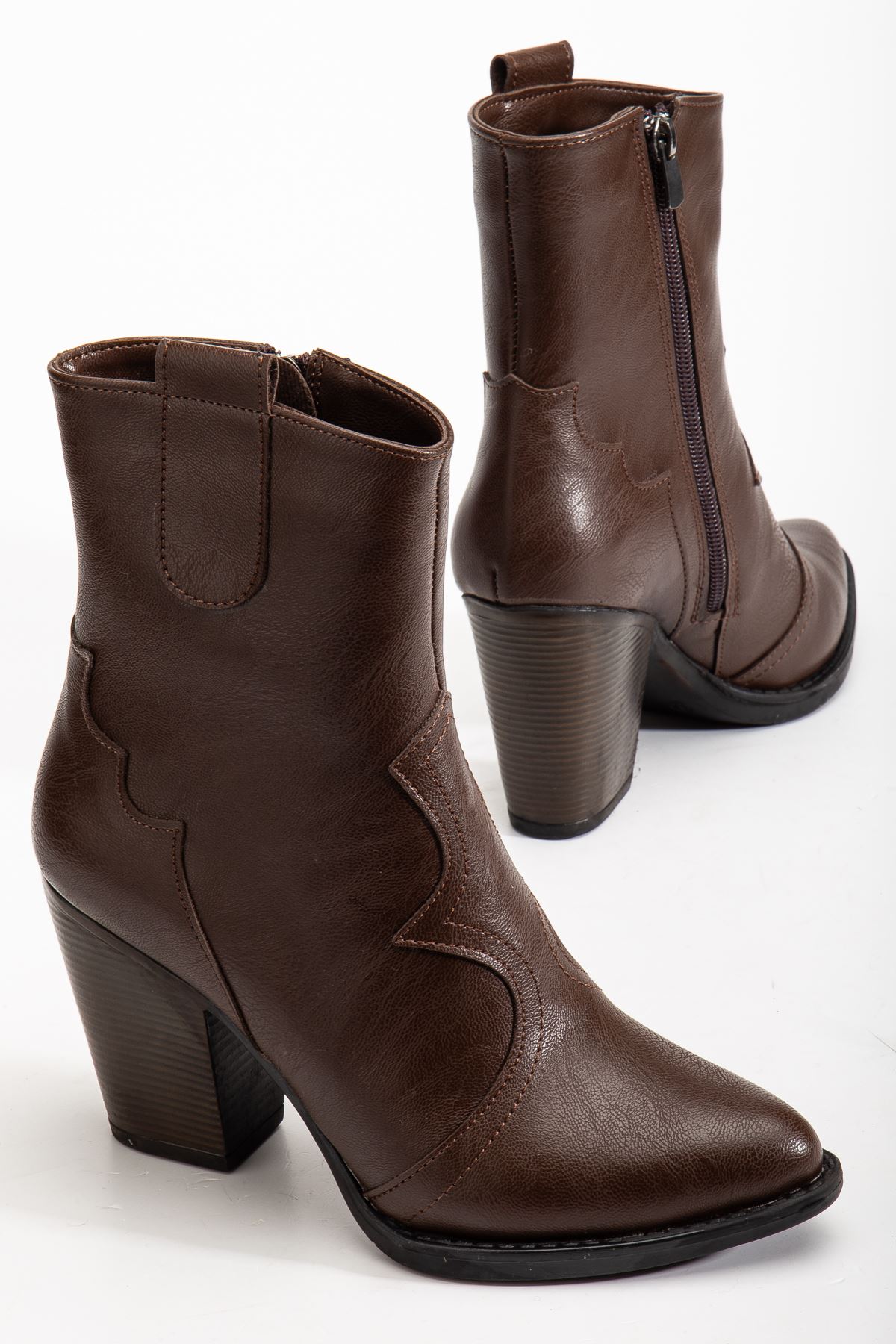 117 Kahve Kovboy Di̇ki̇ş Detaylı Fermuarlı  Yüksek Topuklu Günlük Kadın Bot