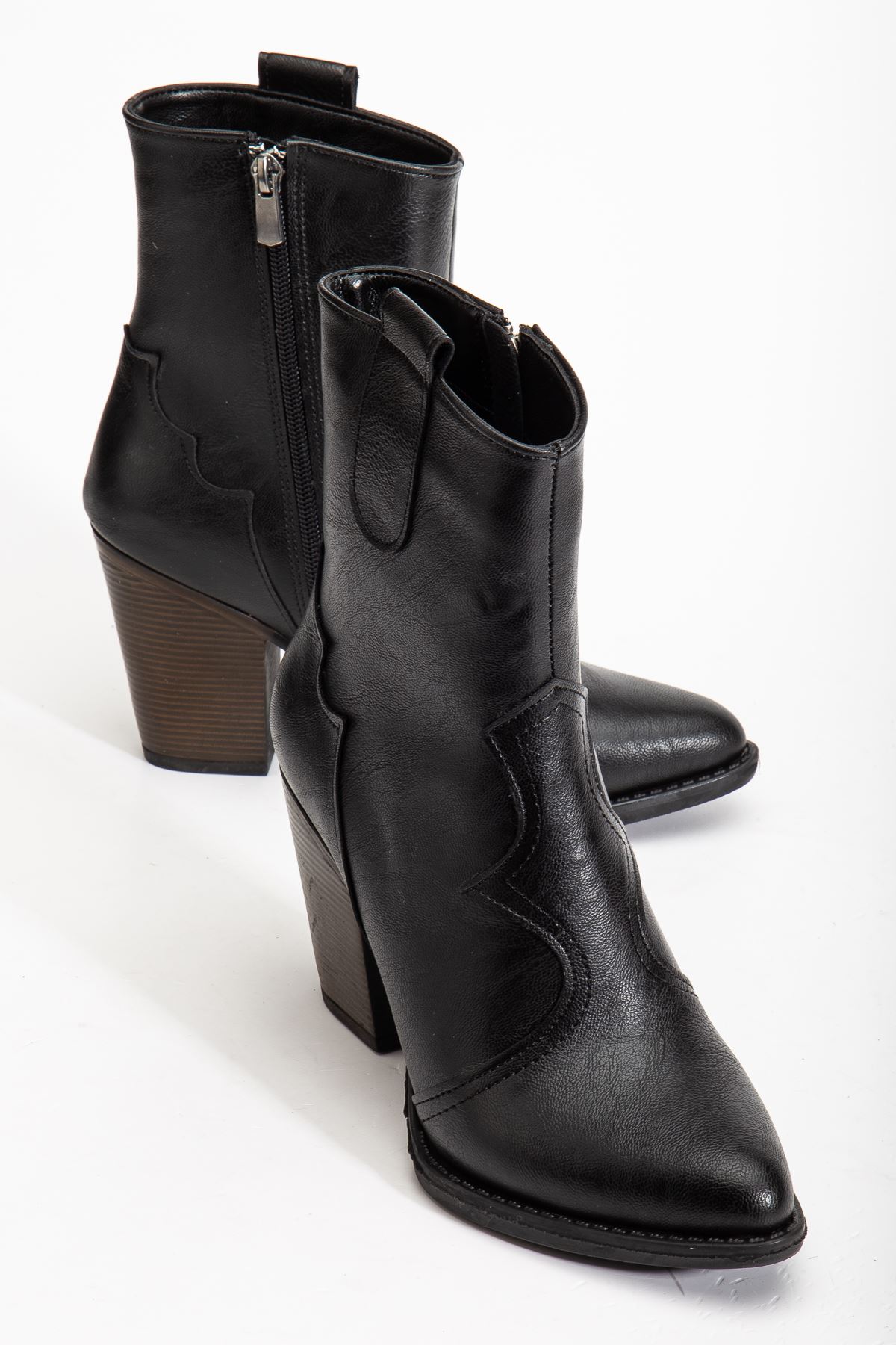 117 Si̇yah Kovboy Di̇ki̇ş Detaylı Fermuarlı  Yüksek Topuklu Günlük Kadın Bot