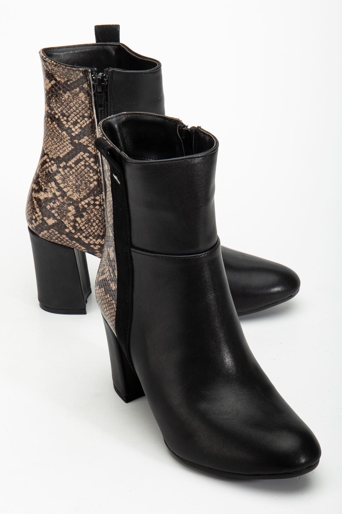 292 Si̇yah Leopar Desen Detaylı Fermuarlı  Yüksek Topuklu Günlük Kadın Bot