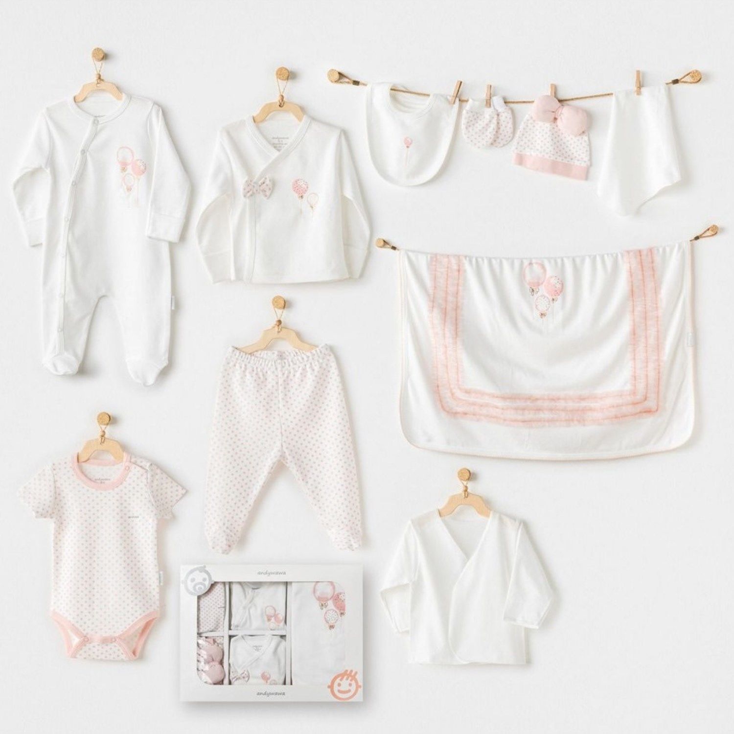 Andywawa Ac25551 Newborn Set Pınk Baloons 10 Lu Hastane Çıkışı Ekru