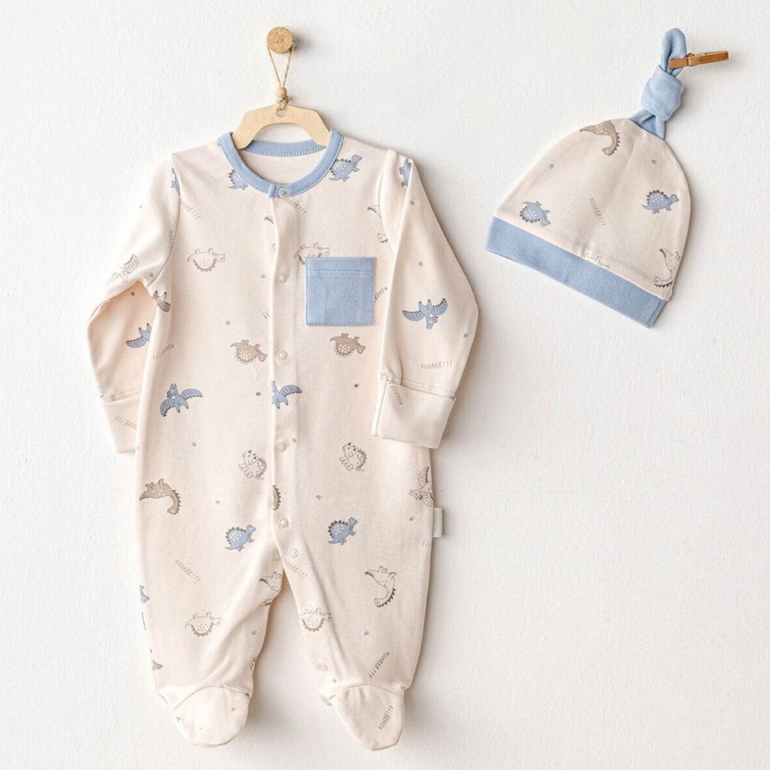 Andywawa Ac25919 Romper Hat Set Di̇no Bebek Tulum Takım Bei̇ge
