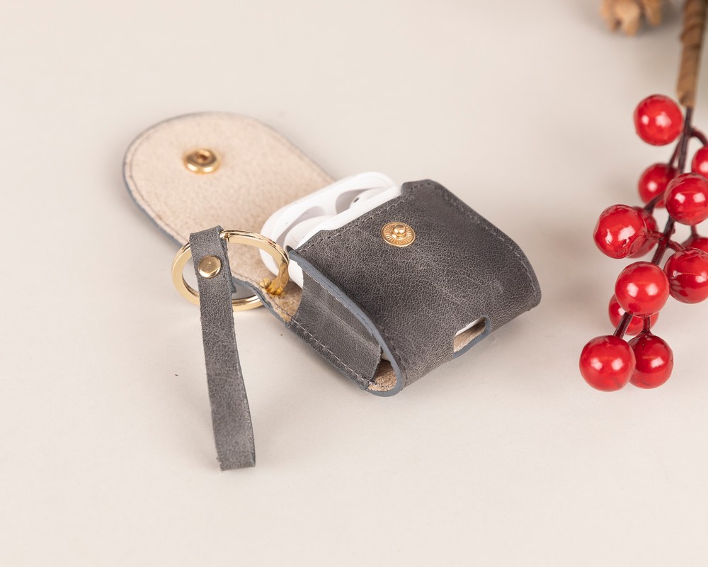 Apple Ai̇rpods 2.Nesi̇l Uyumlu Deri̇ Kılıf Mai̇ Snap Vs05 Gri̇