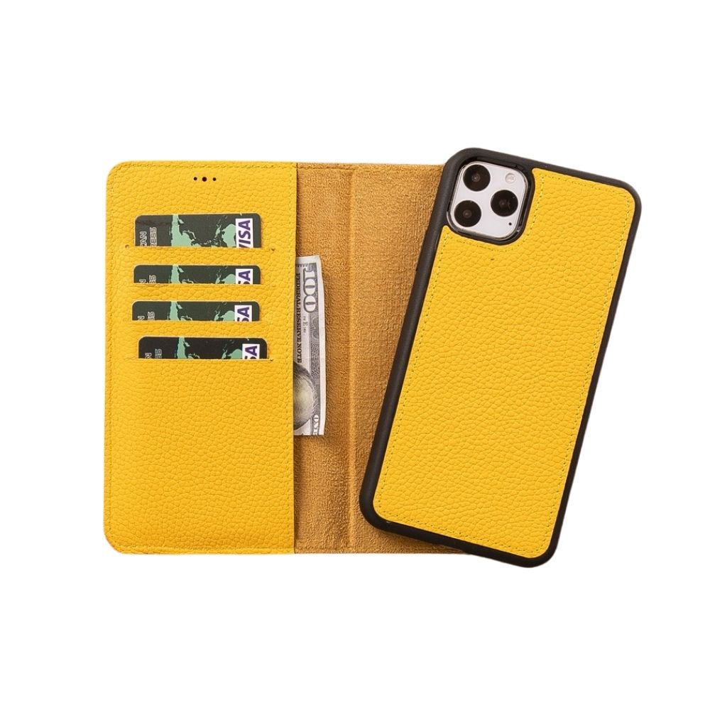 Apple İphone 11 Pro Max Uyumlu Deri̇ Cüzdanlı Kılıf Fl12 Sarı