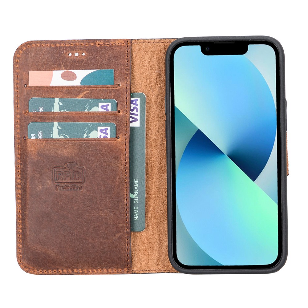 Apple İphone 12 Mi̇ni̇ Uyumlu Deri̇ Cüzdanlı Kılıf G2 Anti̇k Kahve