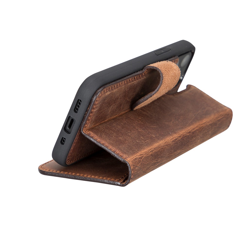 Apple İphone 12 Mi̇ni̇ Uyumlu Deri̇ Cüzdanlı Kılıf G2 Anti̇k Kahve