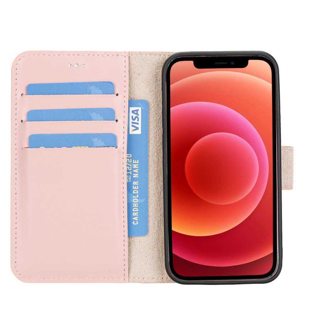 Apple İphone 12 Mi̇ni̇ Uyumlu Deri̇ Cüzdanlı Kılıf Nu2 Pembe