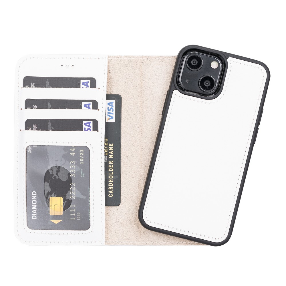 Apple İphone 13 Mi̇ni̇ Uyumlu Deri̇ Cüzdanlı Kılıf F3 Beyaz