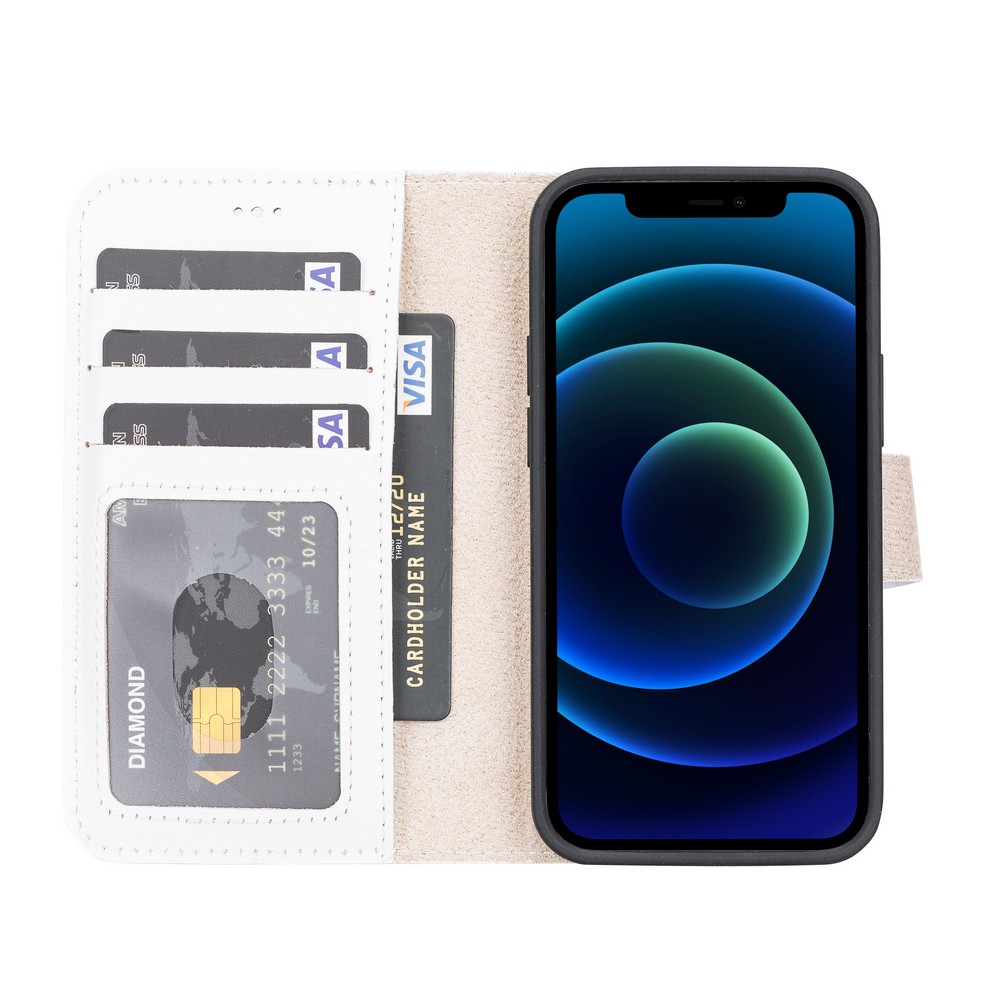 Apple İphone 13 Mi̇ni̇ Uyumlu Deri̇ Cüzdanlı Kılıf F3 Beyaz