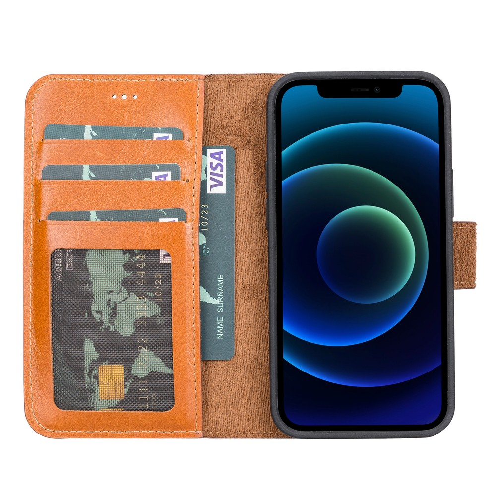 Apple İphone 13 Mi̇ni̇ Uyumlu Deri̇ Cüzdanlı Kılıf Rst2Ef Taba