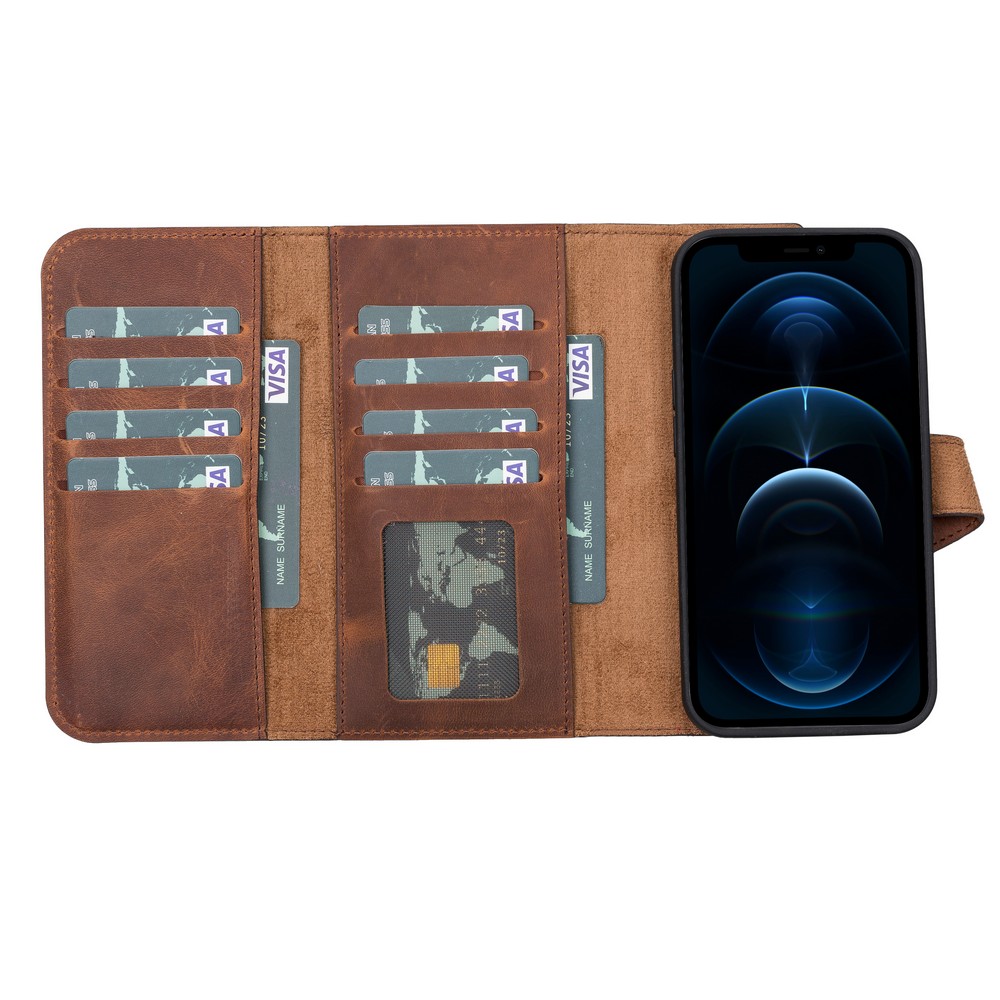 Apple İphone 13 Mi̇ni̇ Uyumlu Deri̇ Cüzdanlı Kılıf Santa G2 Kahve