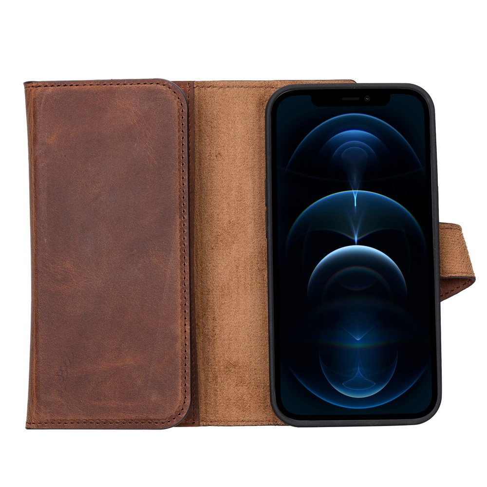 Apple İphone 13 Mi̇ni̇ Uyumlu Deri̇ Cüzdanlı Kılıf Santa G2 Kahve