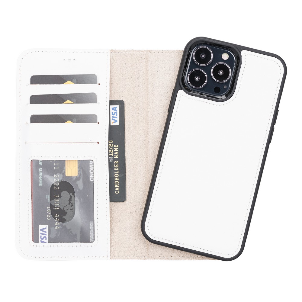 Apple İphone 13 Pro Max Uyumlu Deri̇ Cüzdanlı Kılıf F3 Beyaz