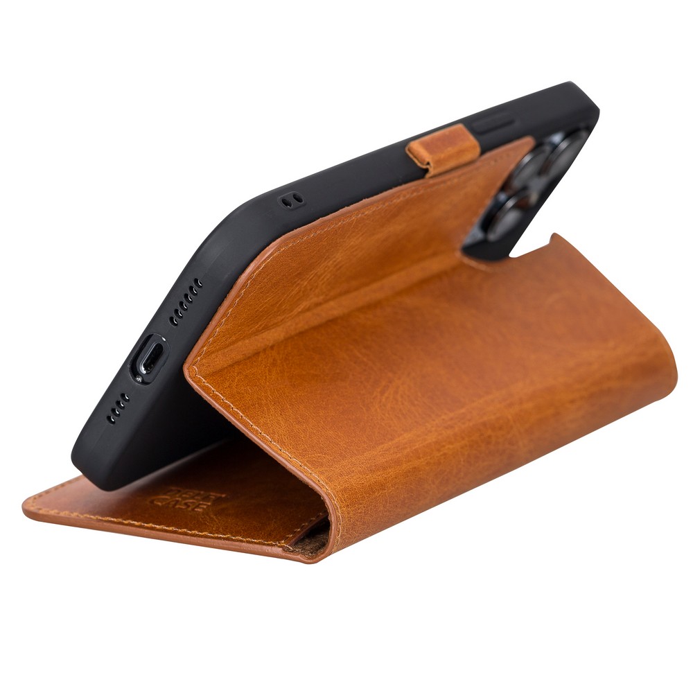 Apple İphone 13 Pro Max Uyumlu Deri̇ Cüzdanlı Kılıf Karamel