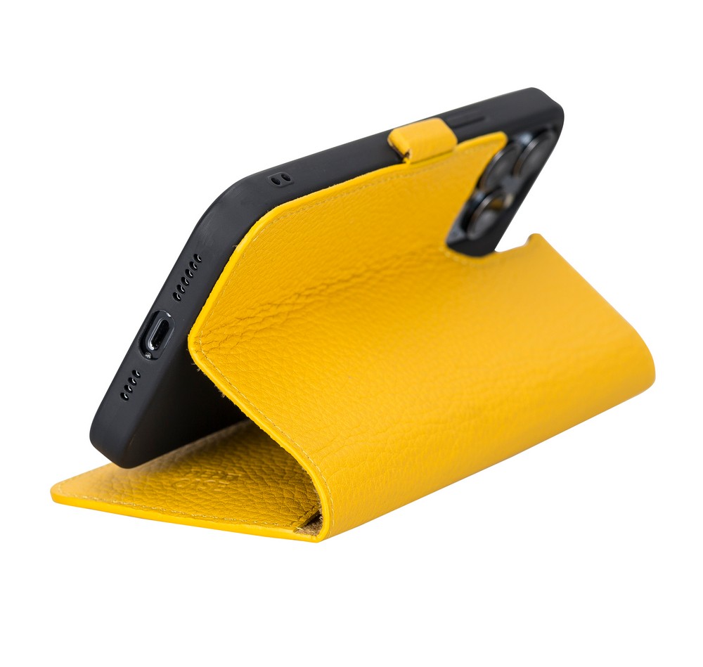 Apple İphone 13 Pro Max Uyumlu Deri̇ Cüzdanlı Kılıf Li̇mon Sarı