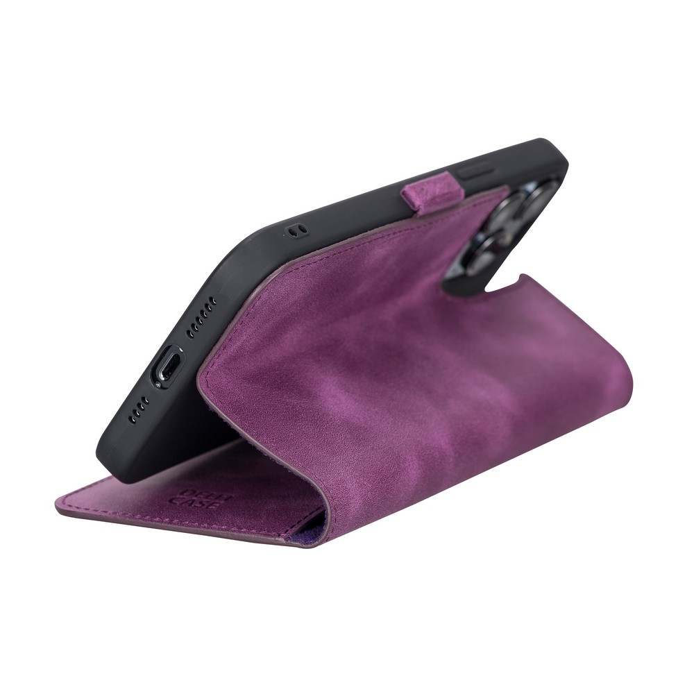 Apple İphone 13 Pro Max Uyumlu Deri̇ Cüzdanlı Kılıf Rusti̇k Mor