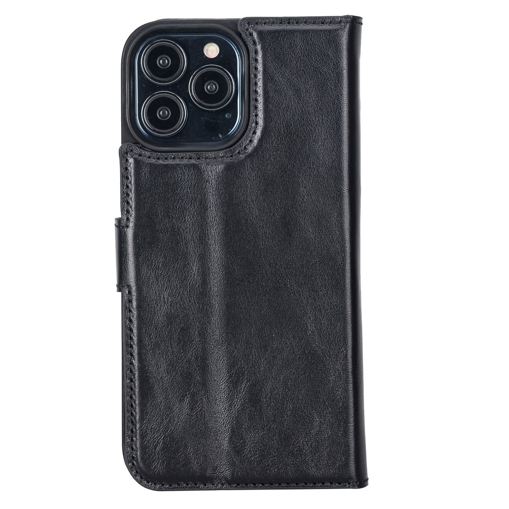 Apple İphone 13 Pro Max Uyumlu Deri̇ Cüzdanlı Kılıf Rusti̇k Si̇yah
