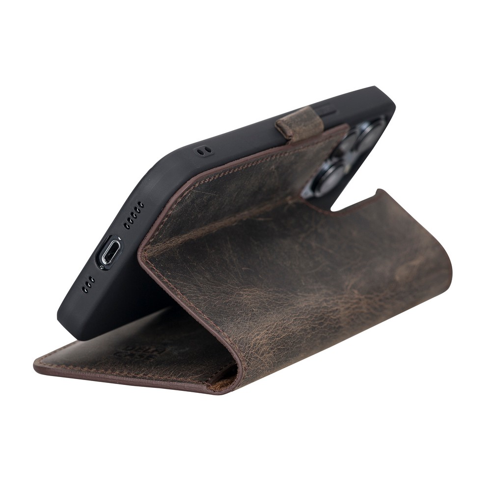 Apple İphone 13 Pro Uyumlu Deri̇ Cüzdanlı Kılıf Acı Kahve