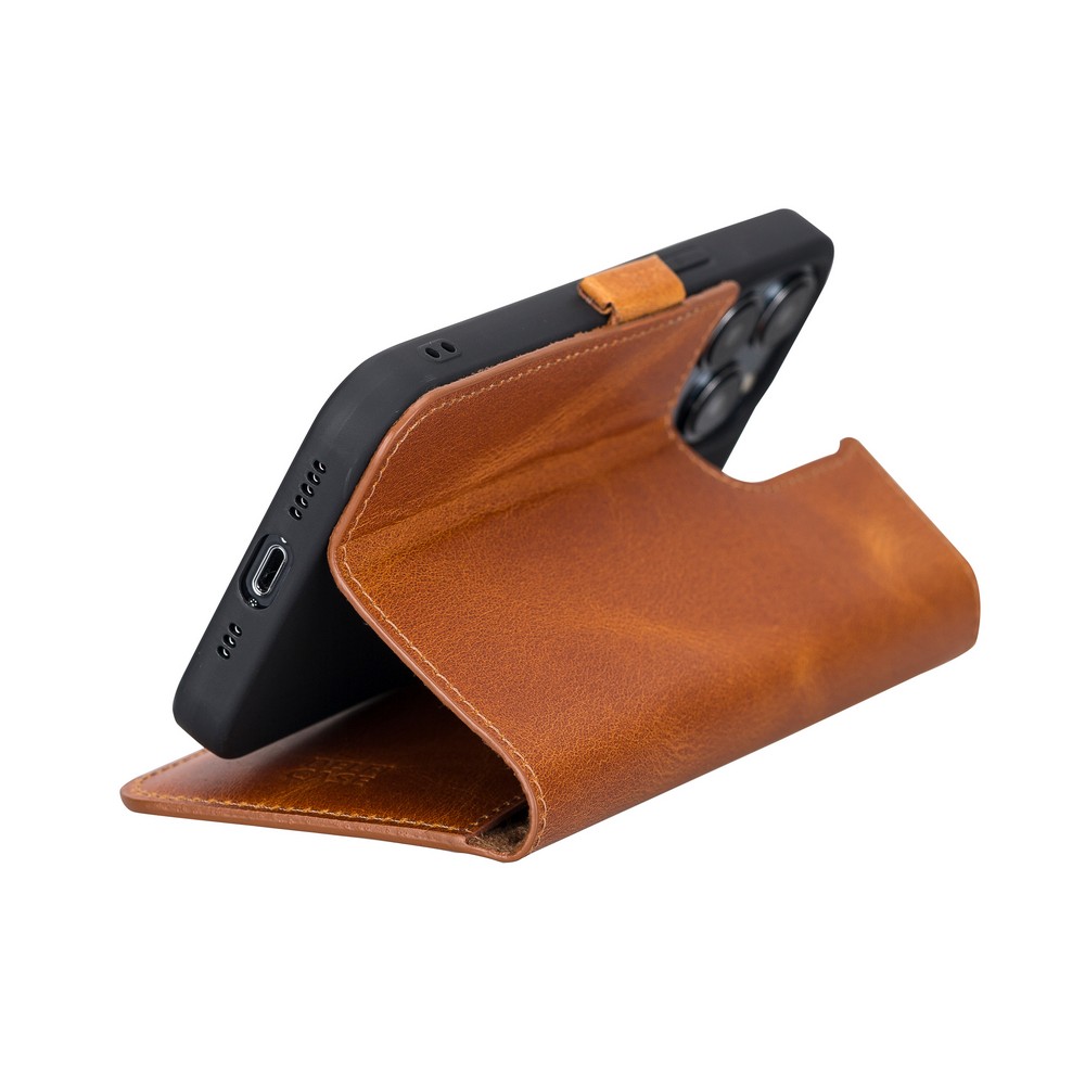 Apple İphone 13 Pro Uyumlu Deri̇ Cüzdanlı Kılıf Karamel