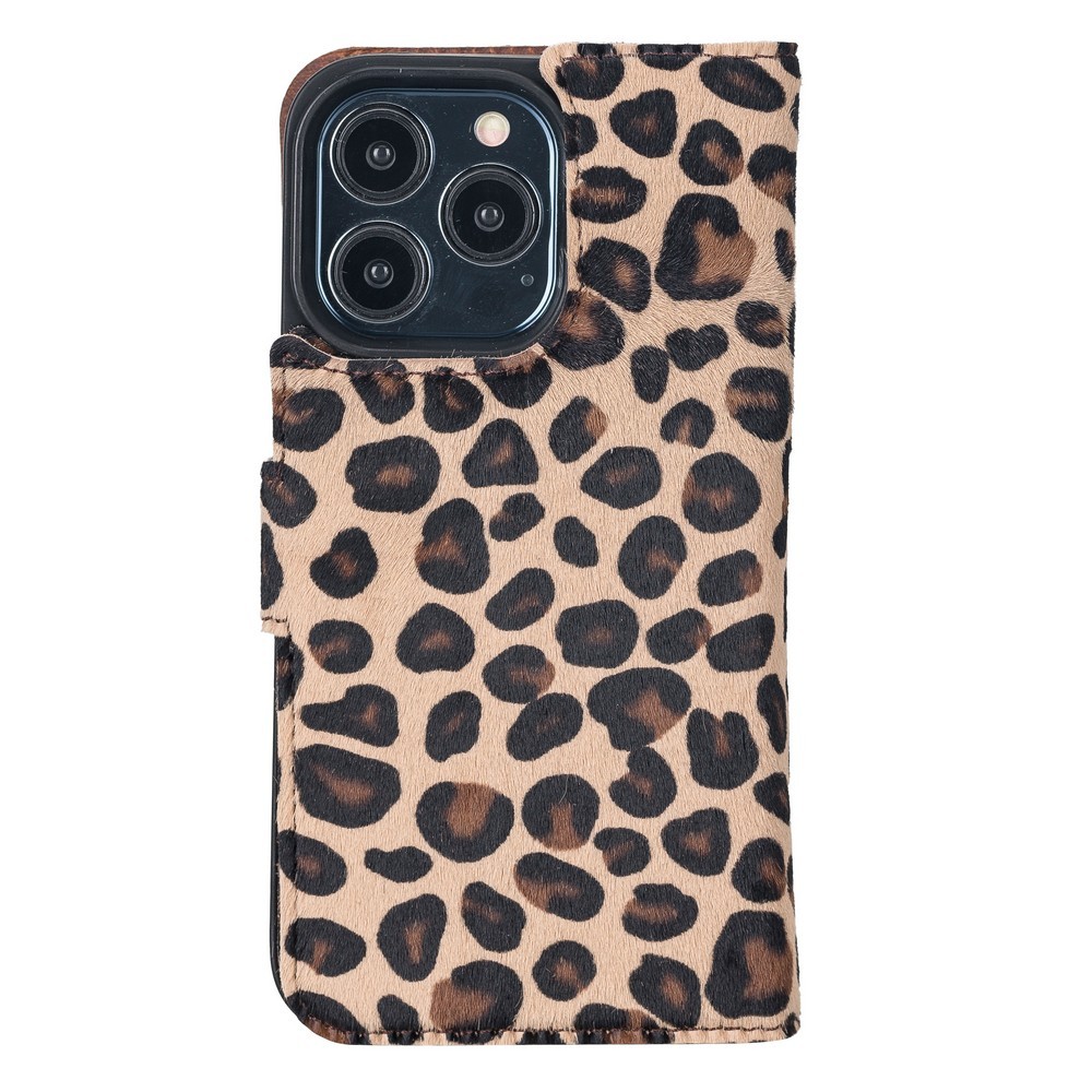 Apple İphone 13 Pro Uyumlu Deri̇ Cüzdanlı Kılıf Leopar Desen