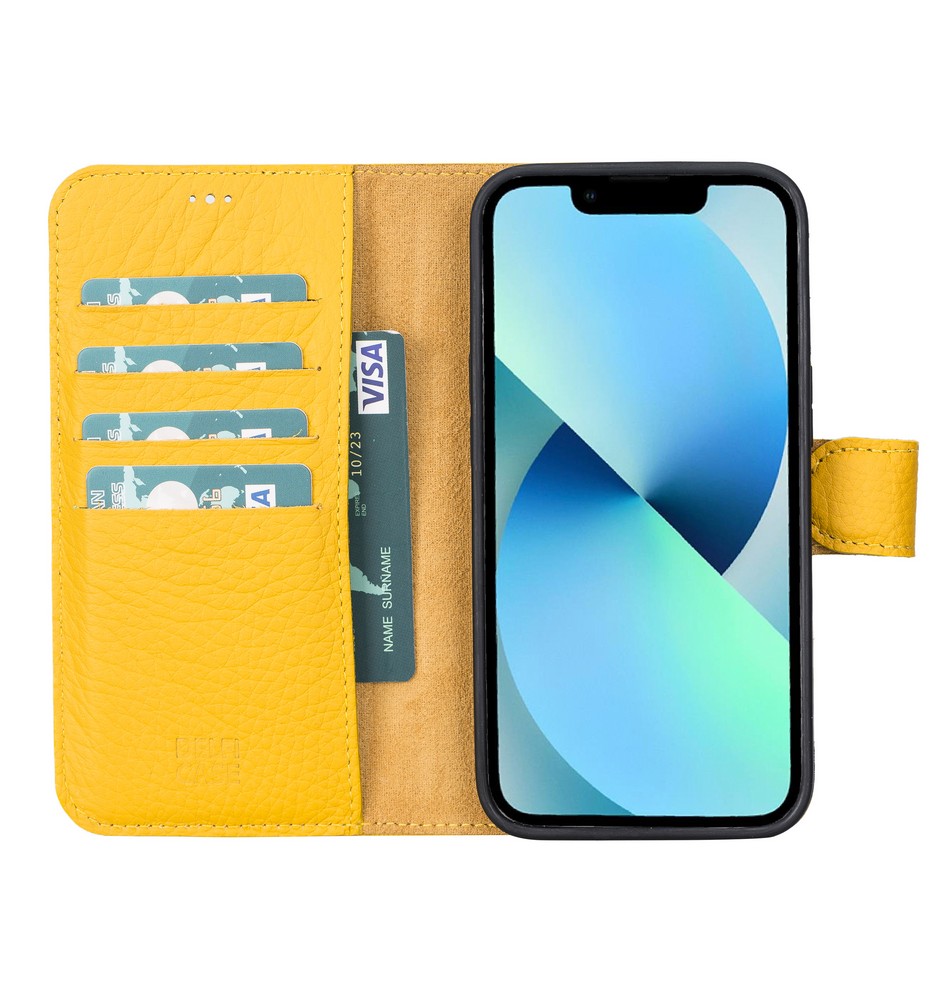 Apple İphone 13 Pro Uyumlu Deri̇ Cüzdanlı Kılıf Li̇mon Sarı
