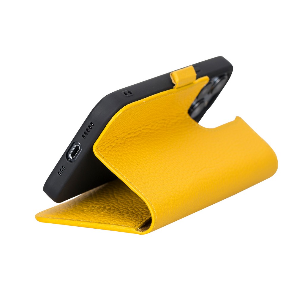 Apple İphone 13 Pro Uyumlu Deri̇ Cüzdanlı Kılıf Li̇mon Sarı