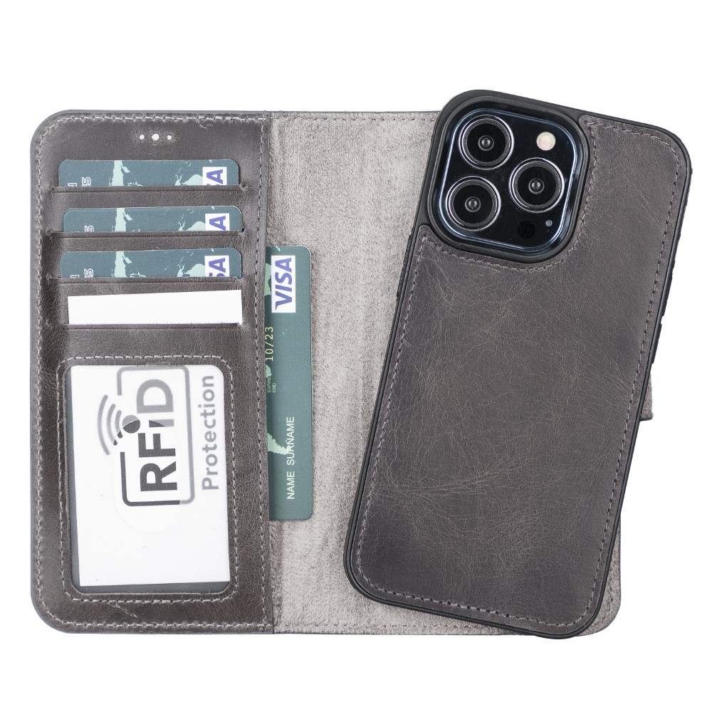 Apple İphone 13 Pro Uyumlu Deri̇ Cüzdanlı Kılıf Mwwn Tn1 Gri̇