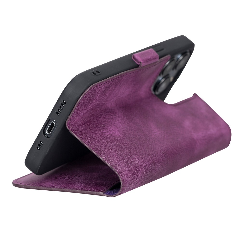 Apple İphone 13 Pro Uyumlu Deri̇ Cüzdanlı Kılıf Rusti̇k Mor