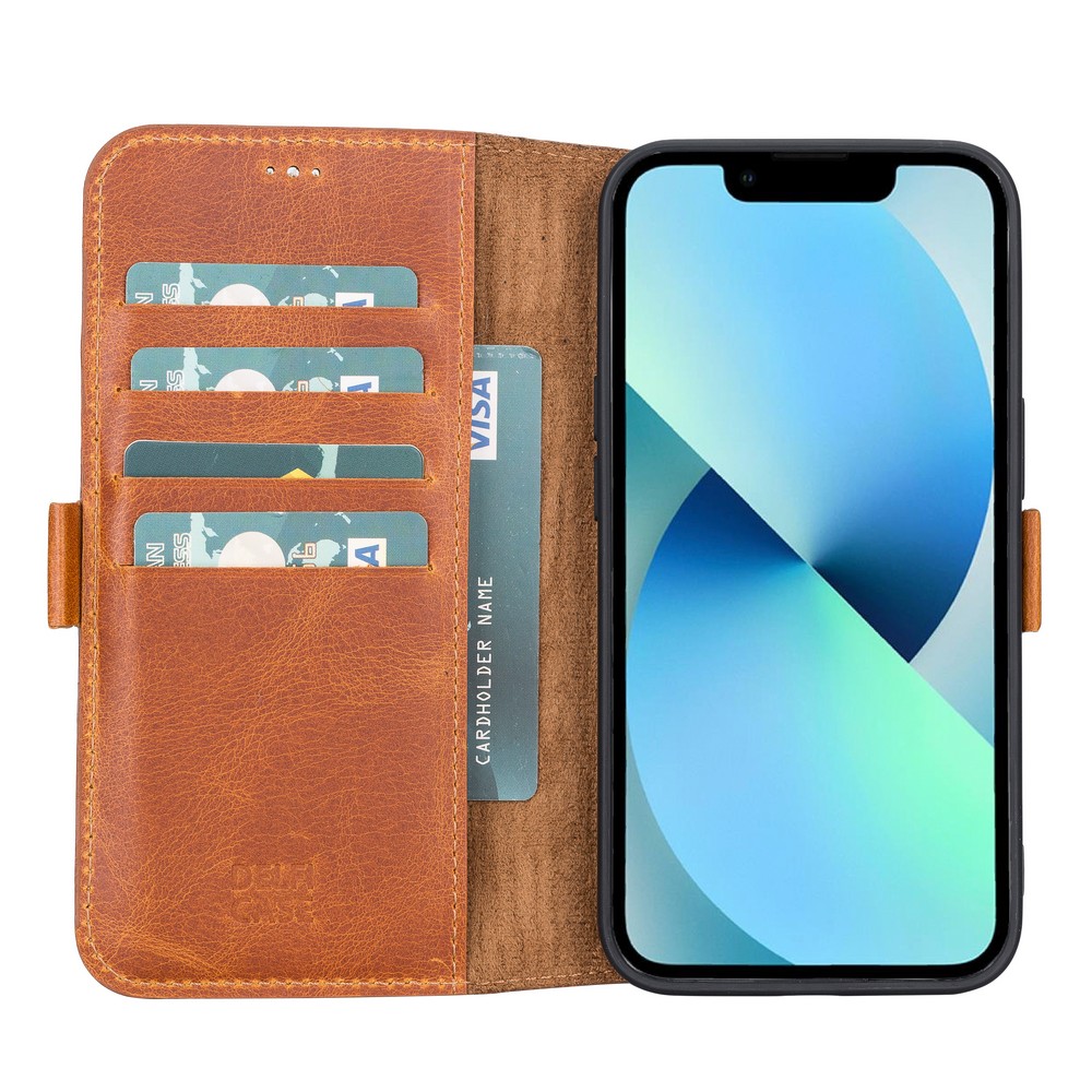 Apple İphone 13 Uyumlu Deri̇ Cüzdanlı Kılıf Anti̇k Taba