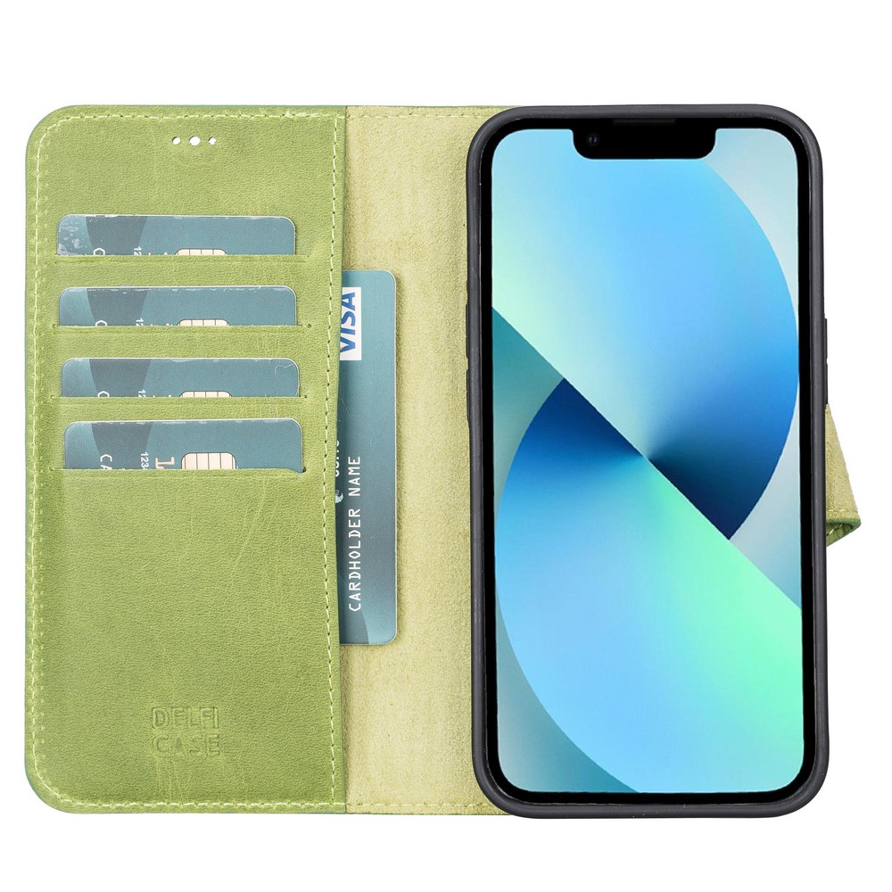 Apple İphone 13 Uyumlu Deri̇ Cüzdanlı Kılıf Anti̇k Yeşi̇l