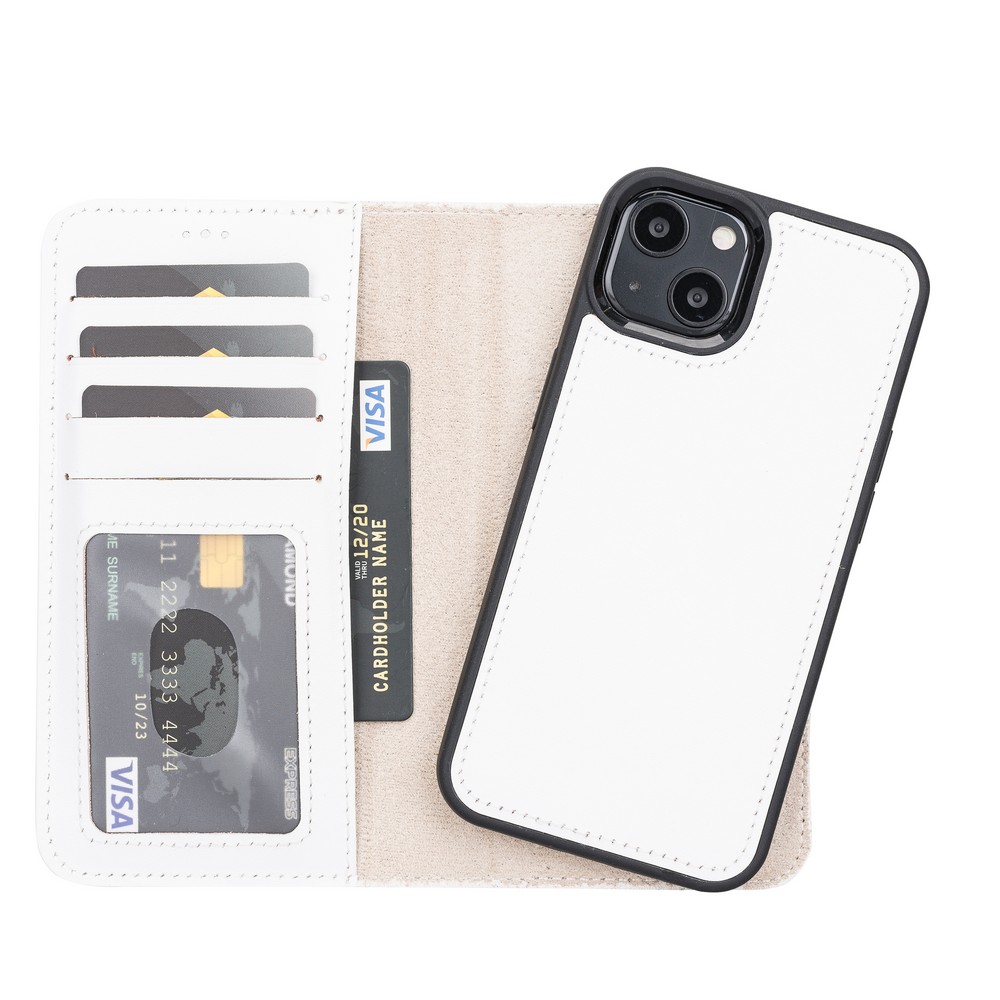 Apple İphone 13 Uyumlu Deri̇ Cüzdanlı Kılıf F3 Beyaz