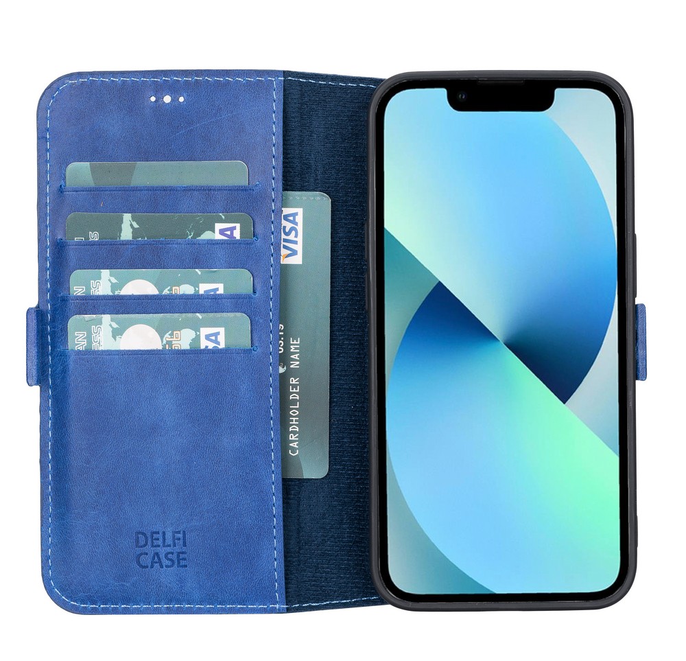 Apple İphone 13 Uyumlu Deri̇ Cüzdanlı Kılıf Okyanus Mavi̇