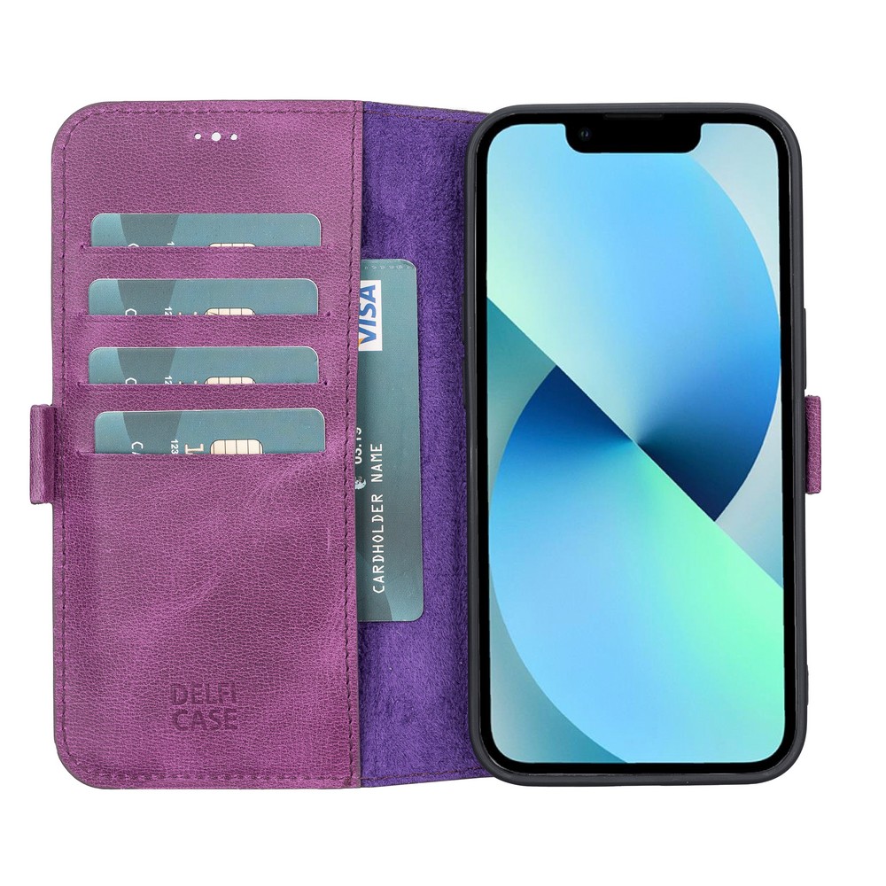 Apple İphone 13 Uyumlu Deri̇ Cüzdanlı Kılıf Rusti̇k Mor