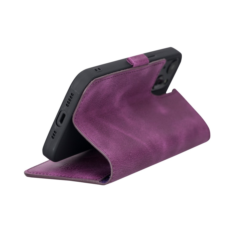 Apple İphone 13 Uyumlu Deri̇ Cüzdanlı Kılıf Rusti̇k Mor