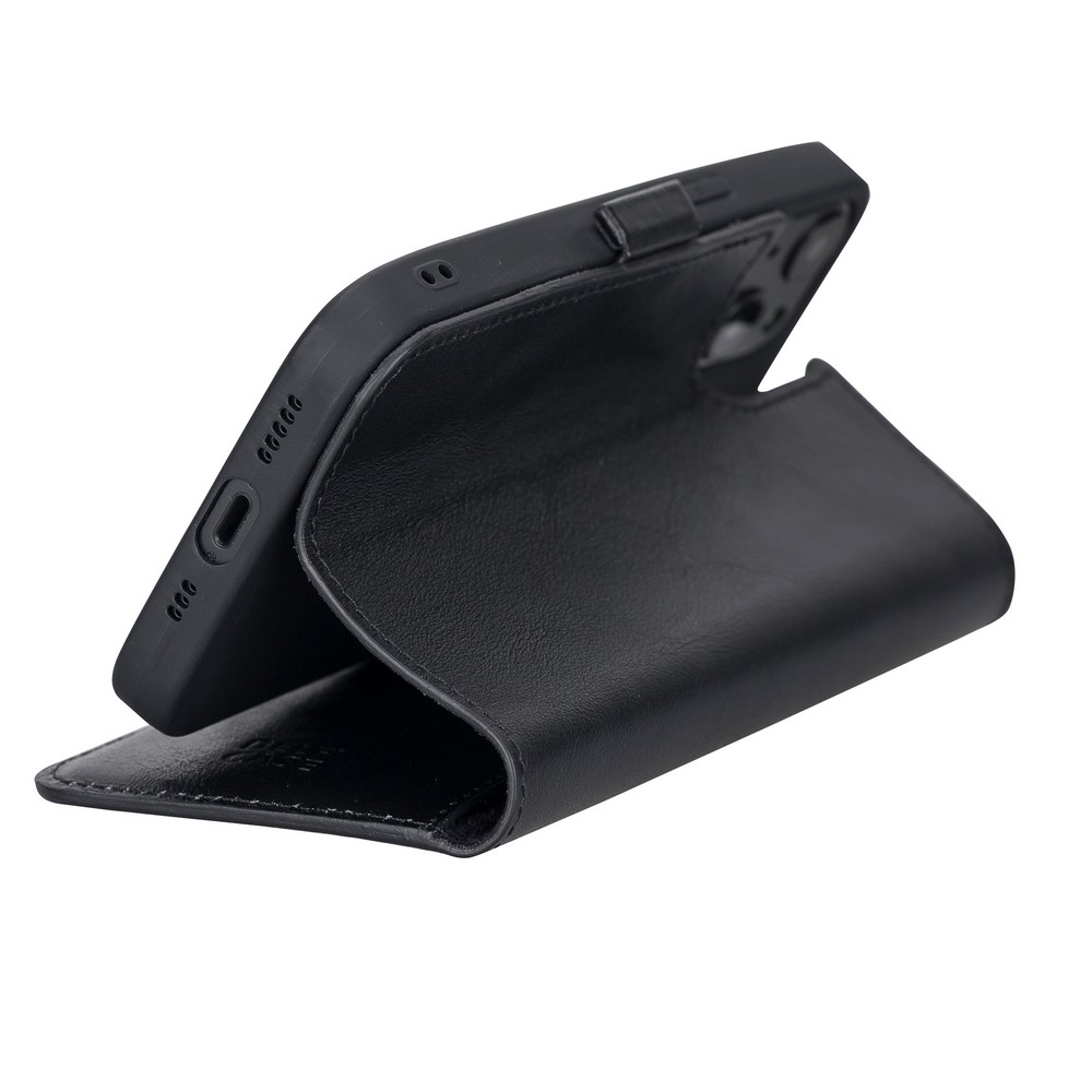 Apple İphone 13 Uyumlu Deri̇ Cüzdanlı Kılıf Rusti̇k Si̇yah