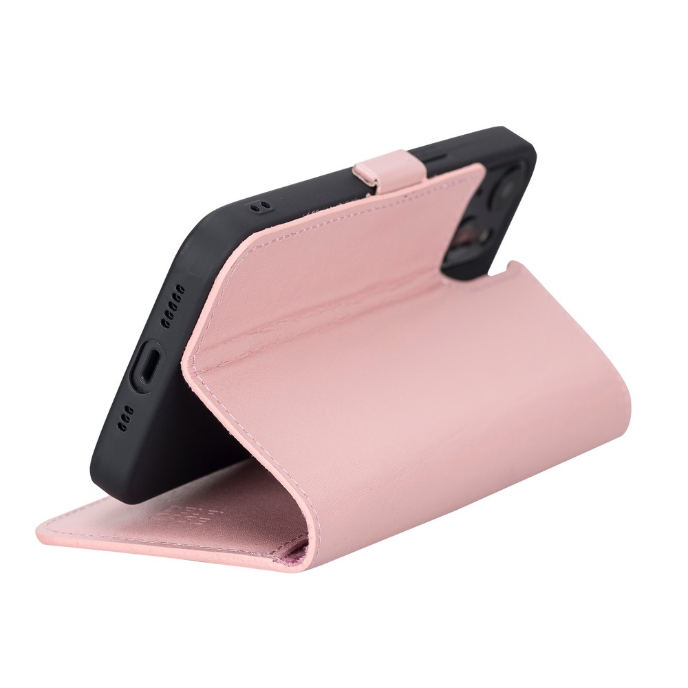 Apple İphone 13 Uyumlu Deri̇ Cüzdanlı Kılıf Toz Pembe