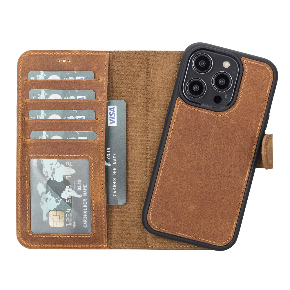 Apple İphone 14 Pro Uyumlu Deri̇ Cüzdanlı Kılıf Mwwn G19 Taba