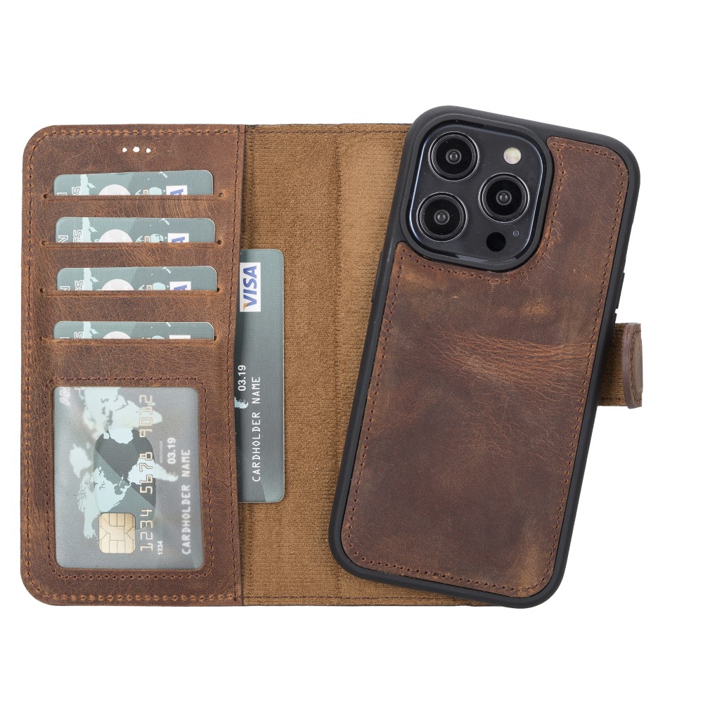 Apple İphone 14 Pro Uyumlu Deri̇ Cüzdanlı Kılıf Mwwn G2 Kahve