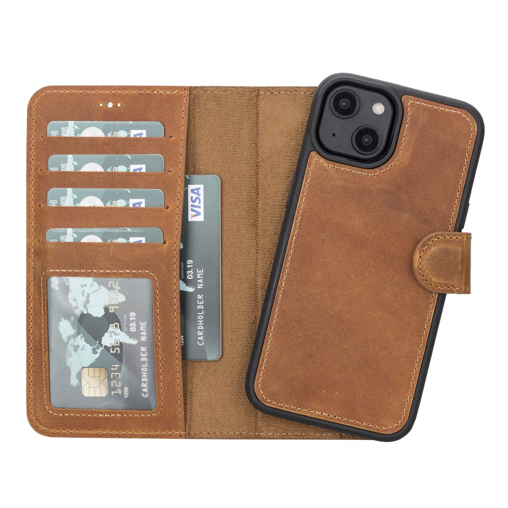 Apple İphone 14 Uyumlu Deri̇ Cüzdanlı Kılıf Mwwn G19 Taba