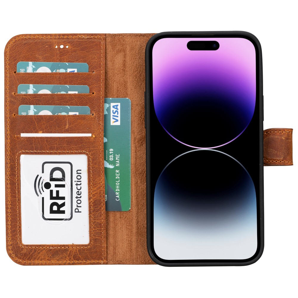 Apple İphone 15 Plus Uyumlu Deri̇ Cüzdanlı Kılıf Mwwn G19 Taba