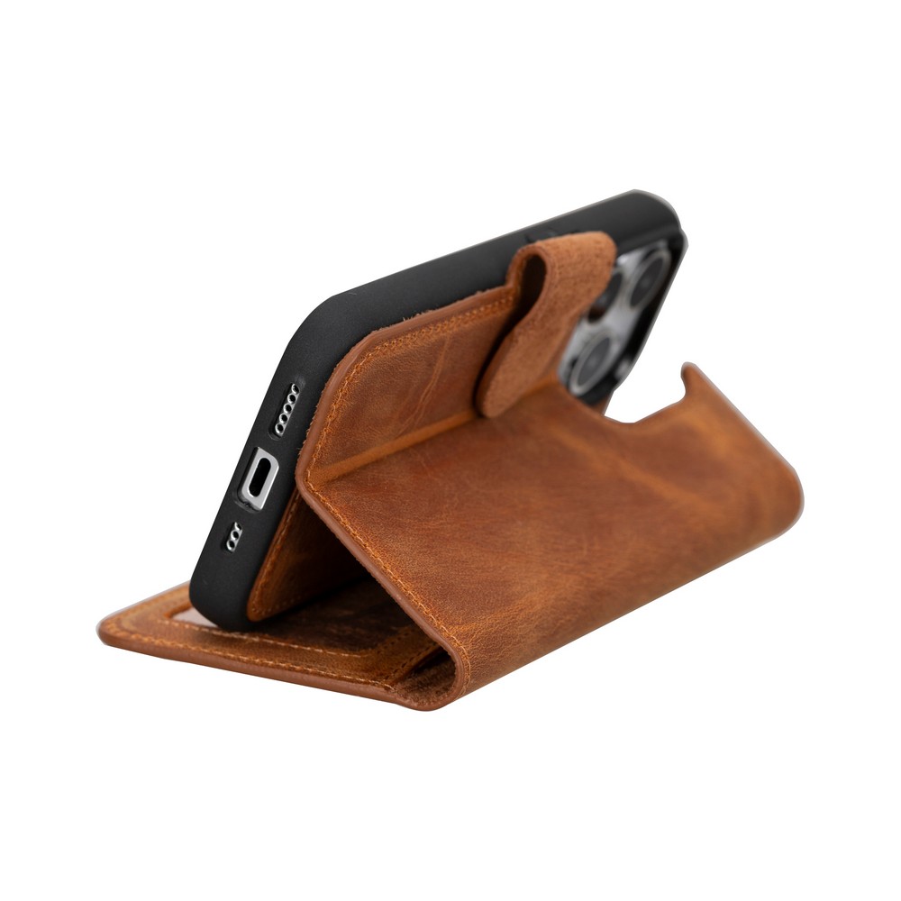 Apple İphone 15 Pro Uyumlu Deri̇ Cüzdanlı Kılıf Mwwn G19 Taba