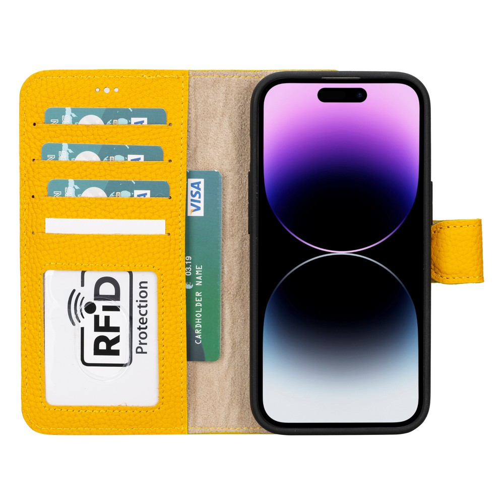 Apple İphone 15 Uyumlu Deri̇ Cüzdanlı Kılıf Mwwn Fl12 Sarı