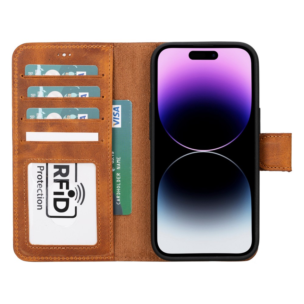 Apple İphone 15 Uyumlu Deri̇ Cüzdanlı Kılıf Mwwn G19 Taba