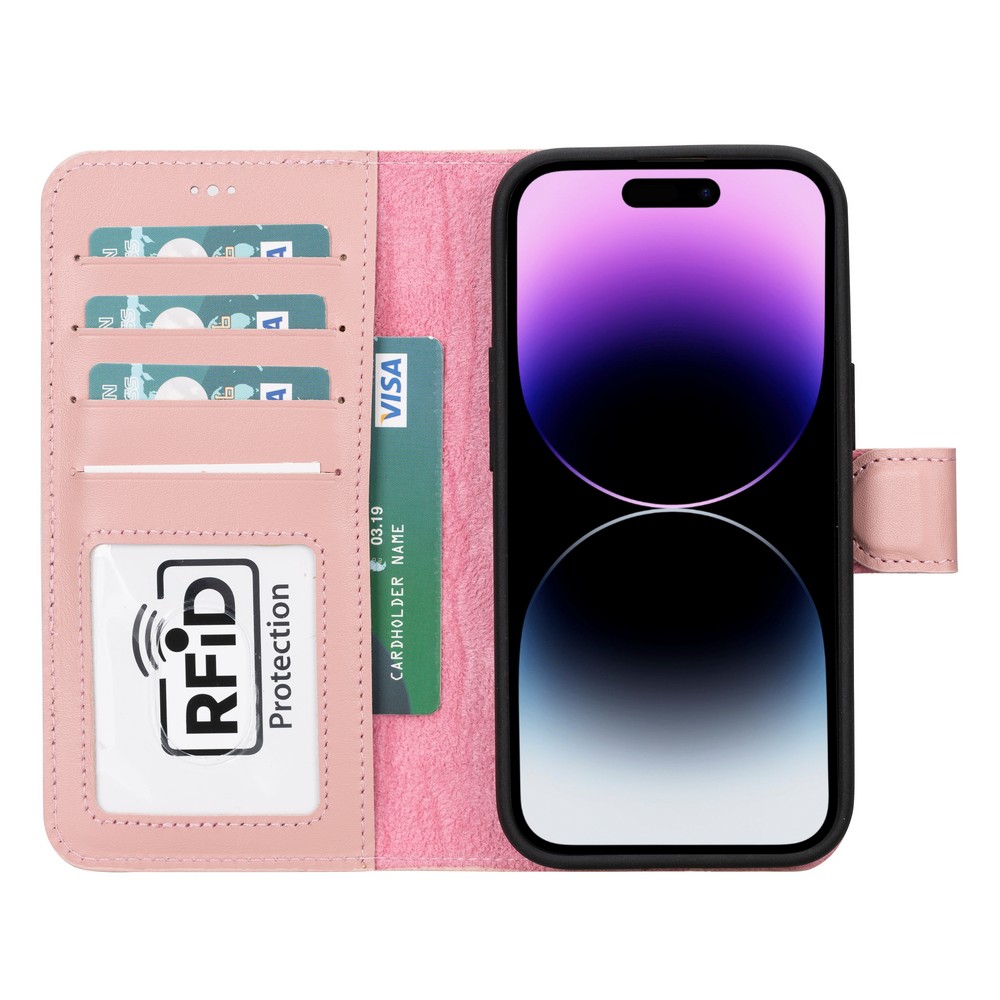 Apple İphone 15 Uyumlu Deri̇ Cüzdanlı Kılıf Mwwn Nu2 Pembe