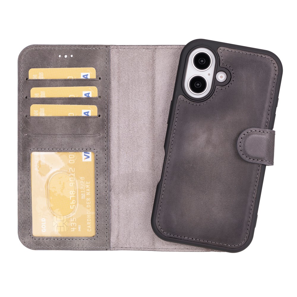 Apple İphone 16 Plus Uyumlu, Haki̇ki̇ Deri̇, El Yapımı, Cüzdanlı Kılıf, Gölgeli̇ Gri̇