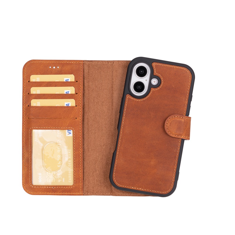 Apple İphone 16 Plus Uyumlu, Haki̇ki̇ Deri̇, El Yapımı, Cüzdanlı Kılıf, Karamel