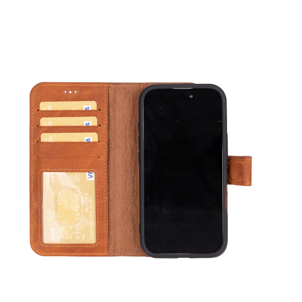 Apple İphone 16 Plus Uyumlu, Haki̇ki̇ Deri̇, El Yapımı, Cüzdanlı Kılıf, Karamel