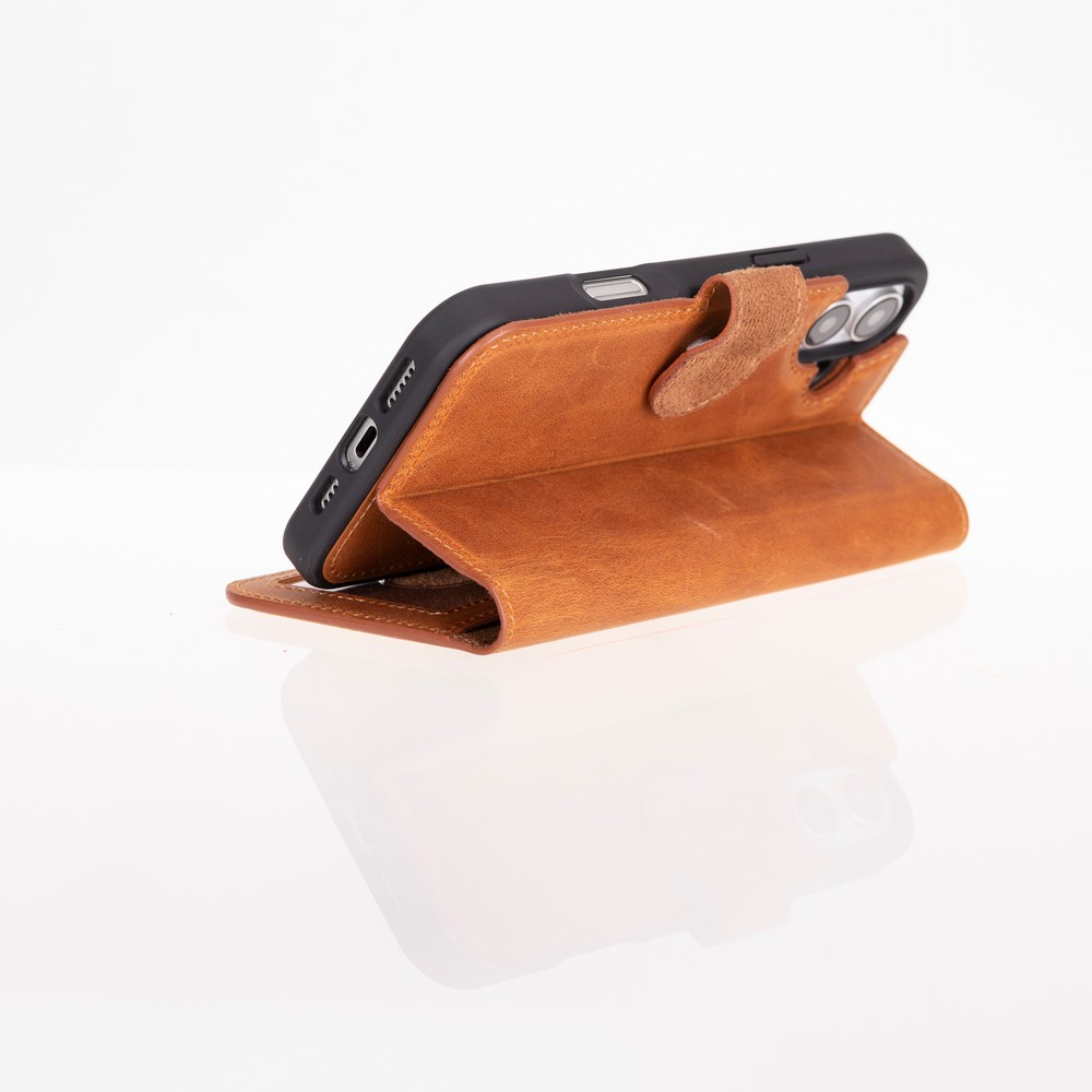 Apple İphone 16 Plus Uyumlu, Haki̇ki̇ Deri̇, El Yapımı, Cüzdanlı Kılıf, Karamel