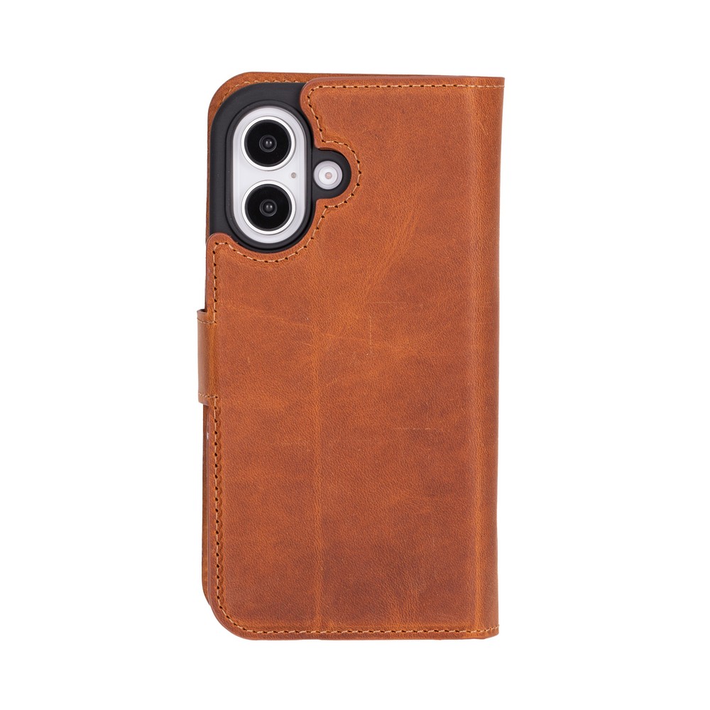 Apple İphone 16 Plus Uyumlu, Haki̇ki̇ Deri̇, El Yapımı, Cüzdanlı Kılıf, Karamel