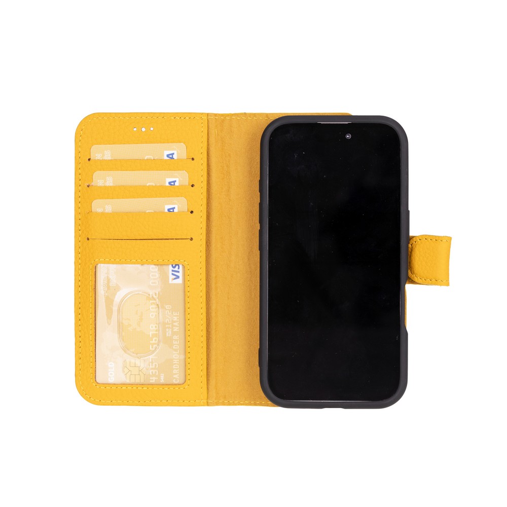 Apple İphone 16 Plus Uyumlu, Haki̇ki̇ Deri̇, El Yapımı, Cüzdanlı Kılıf, Li̇mon Sarı